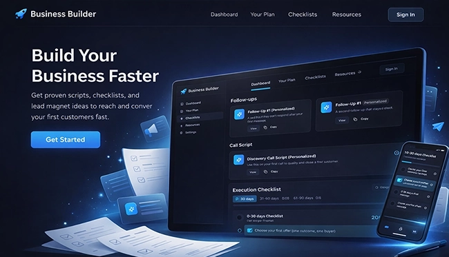 AI LaunchForge business plan generator with an execution checklist and copy templates